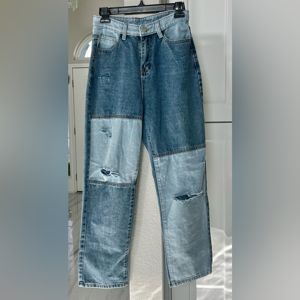 Women’s Patchwork Distressed Denim Jeans with Rip Details Size S